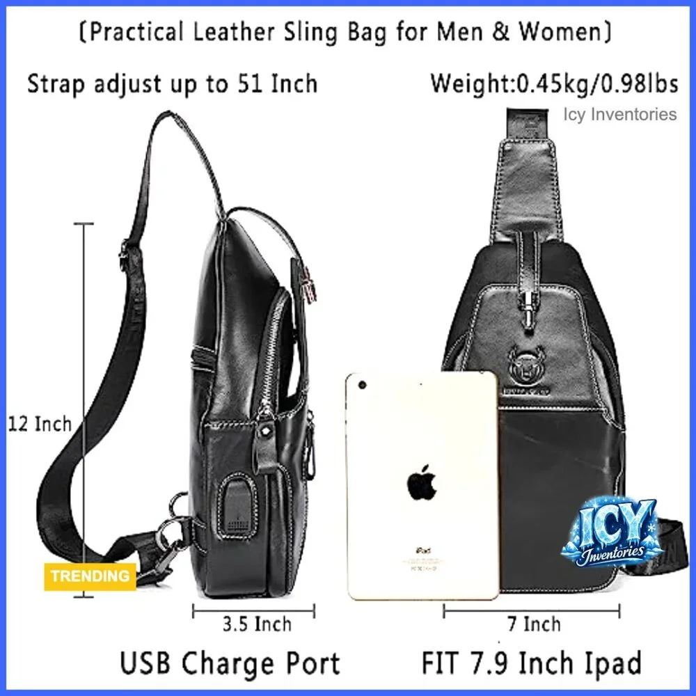 Genuine Leather Sling Bag Crossbody Backpack with USB Charging Port